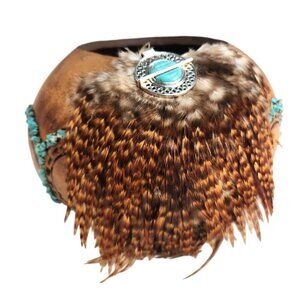 Handcrafted Decorative Gourd Vase With Turquoise Colors & Feathers Signed 2002